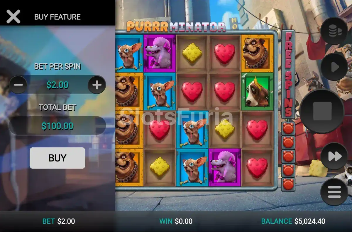 Pantalla de compra de bonos en Purrrminator de Relax Gaming