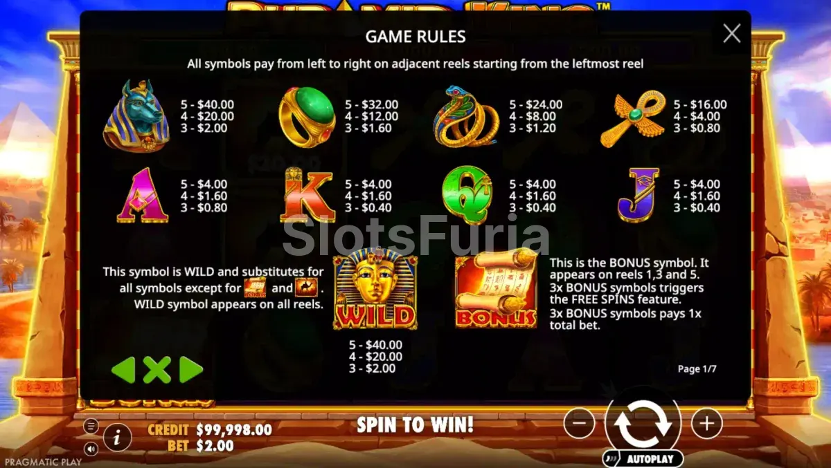 Tabla de pagos de Pyramid King con los valores de cada símbolo