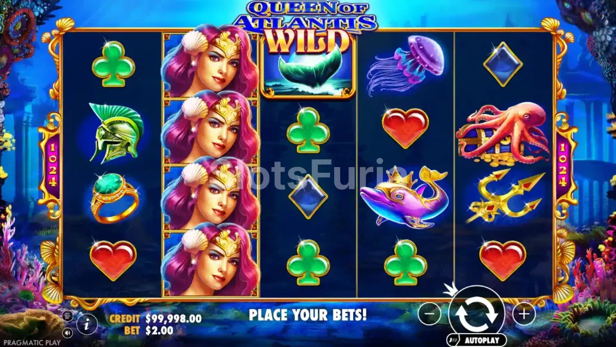 Pantalla principal de Queen of Atlantis con los 5 carretes activos