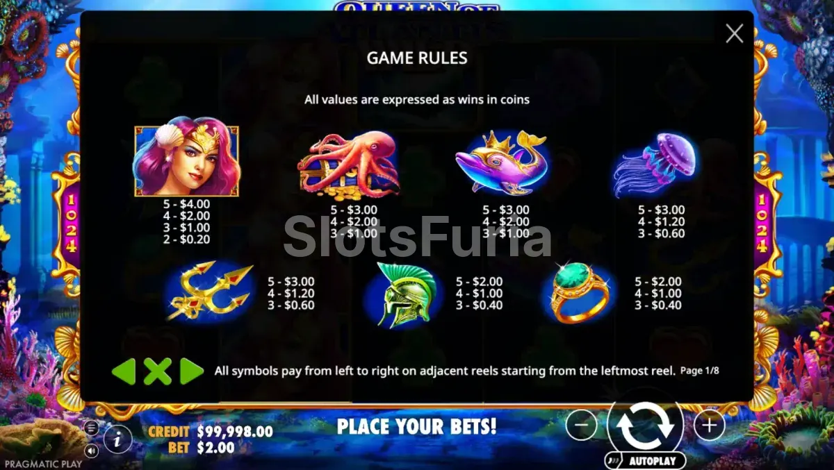 Tabla de pagos completa de Queen of Atlantis con todos los símbolos