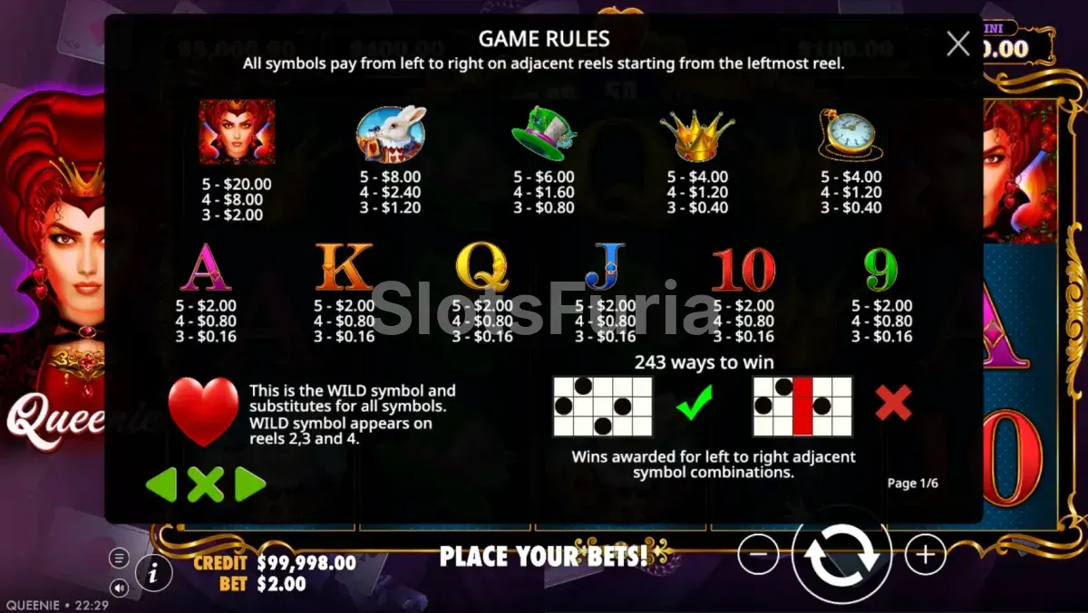 Tabla de pagos de Queenie con los símbolos premium y los valores de los jackpots