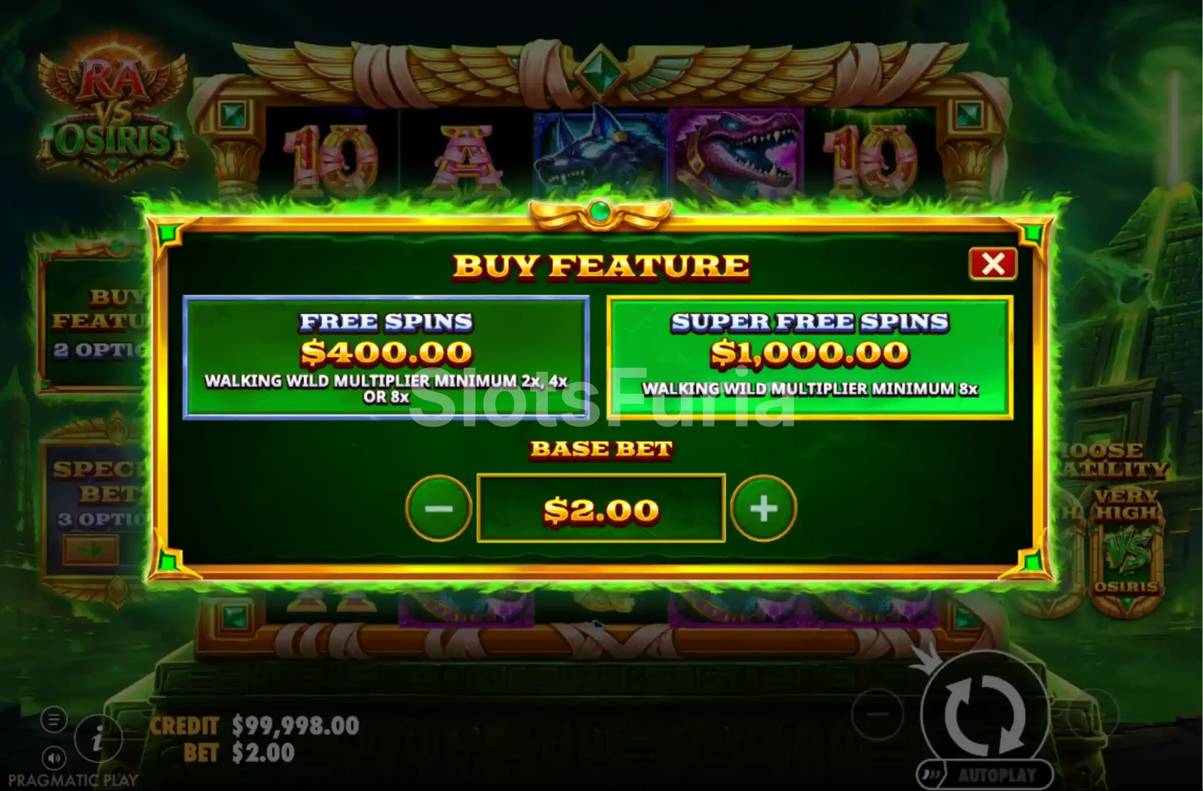 Menú de compra de Ra vs Osiris, tragamonedas de Pragmatic Play