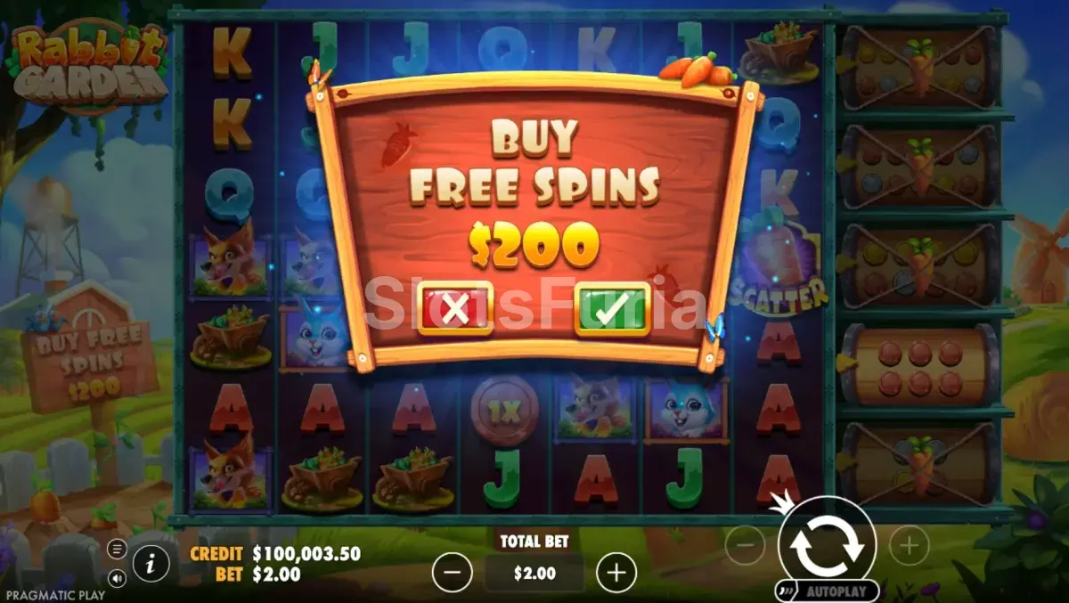 Menú de compra de bonus disponible en Rabbit Garden de Pragmatic Play