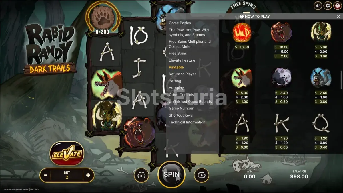 Tabla de pagos de Rabid Randy Dark Trails con símbolos y multiplicadores
