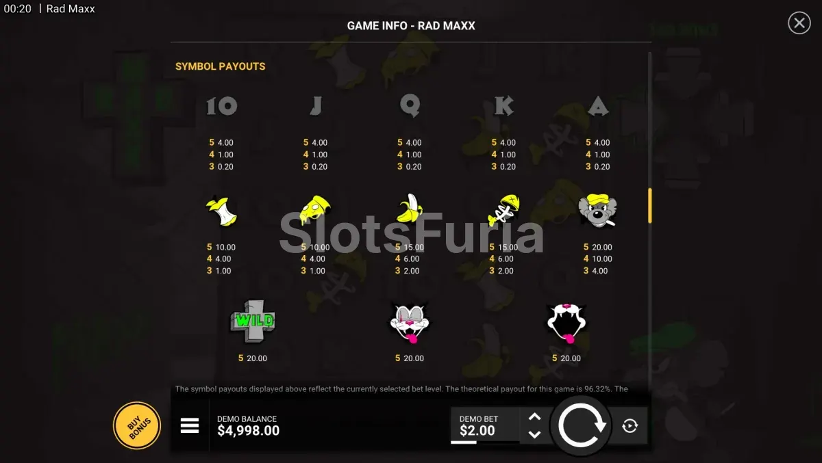 Tabla de pagos de Rad Maxx con símbolos y multiplicadores