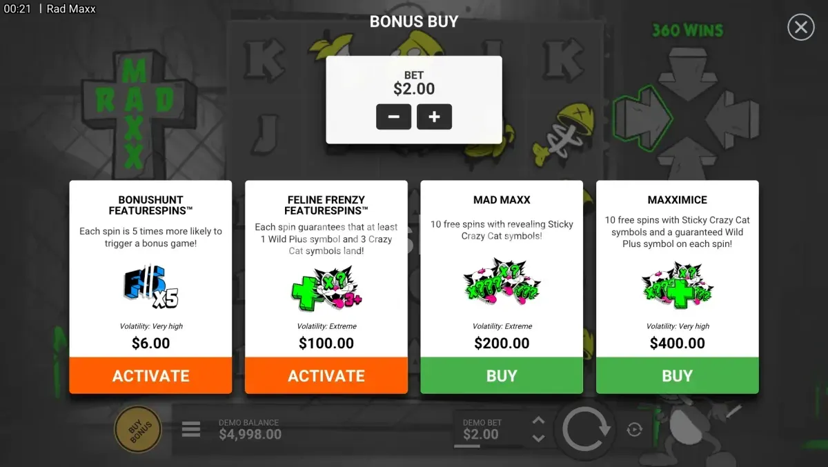 Menú de compra de bonus de Rad Maxx con precios y opciones