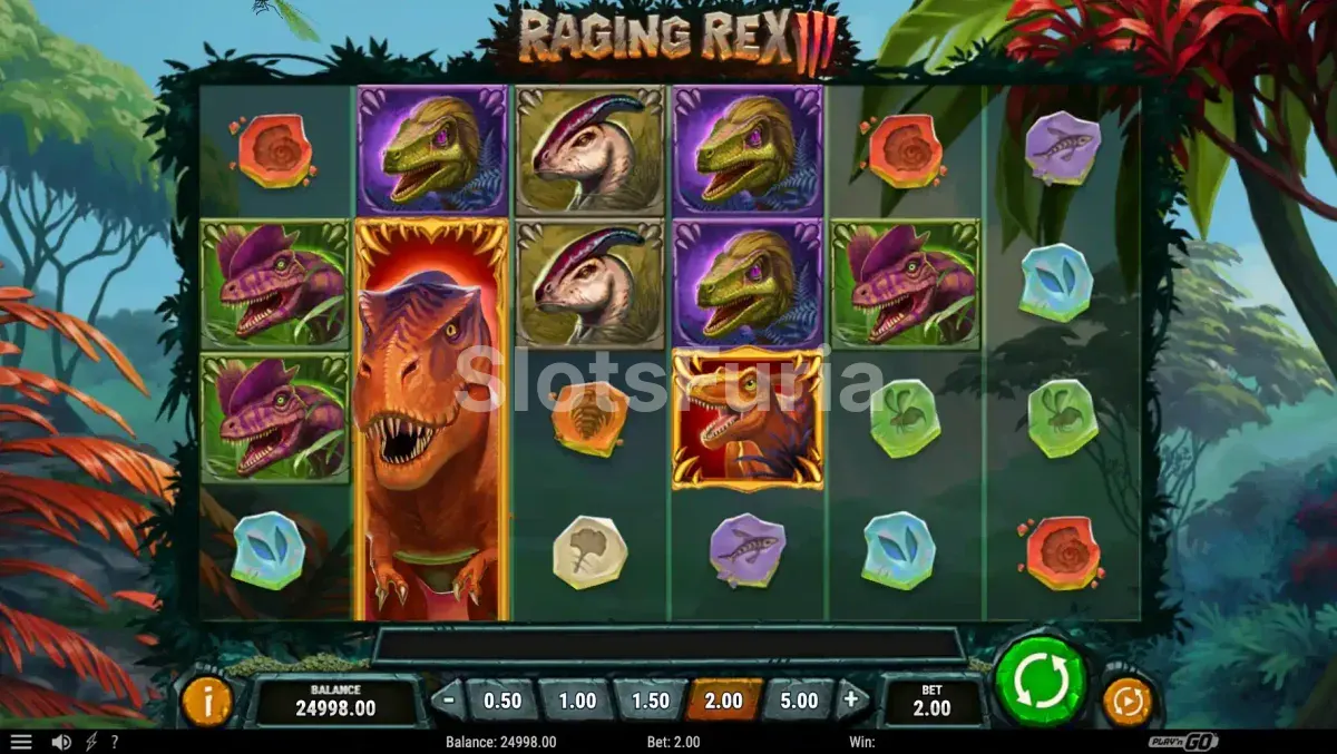 Juego base de Raging Rex 3 con volcán y dinosaurios en pantalla