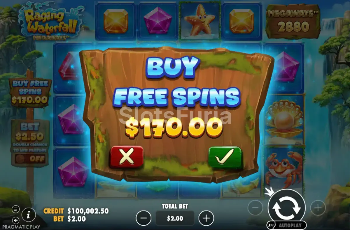 Interfaz de compra de bonus en Raging Waterfall Megaways de Pragmatic Play