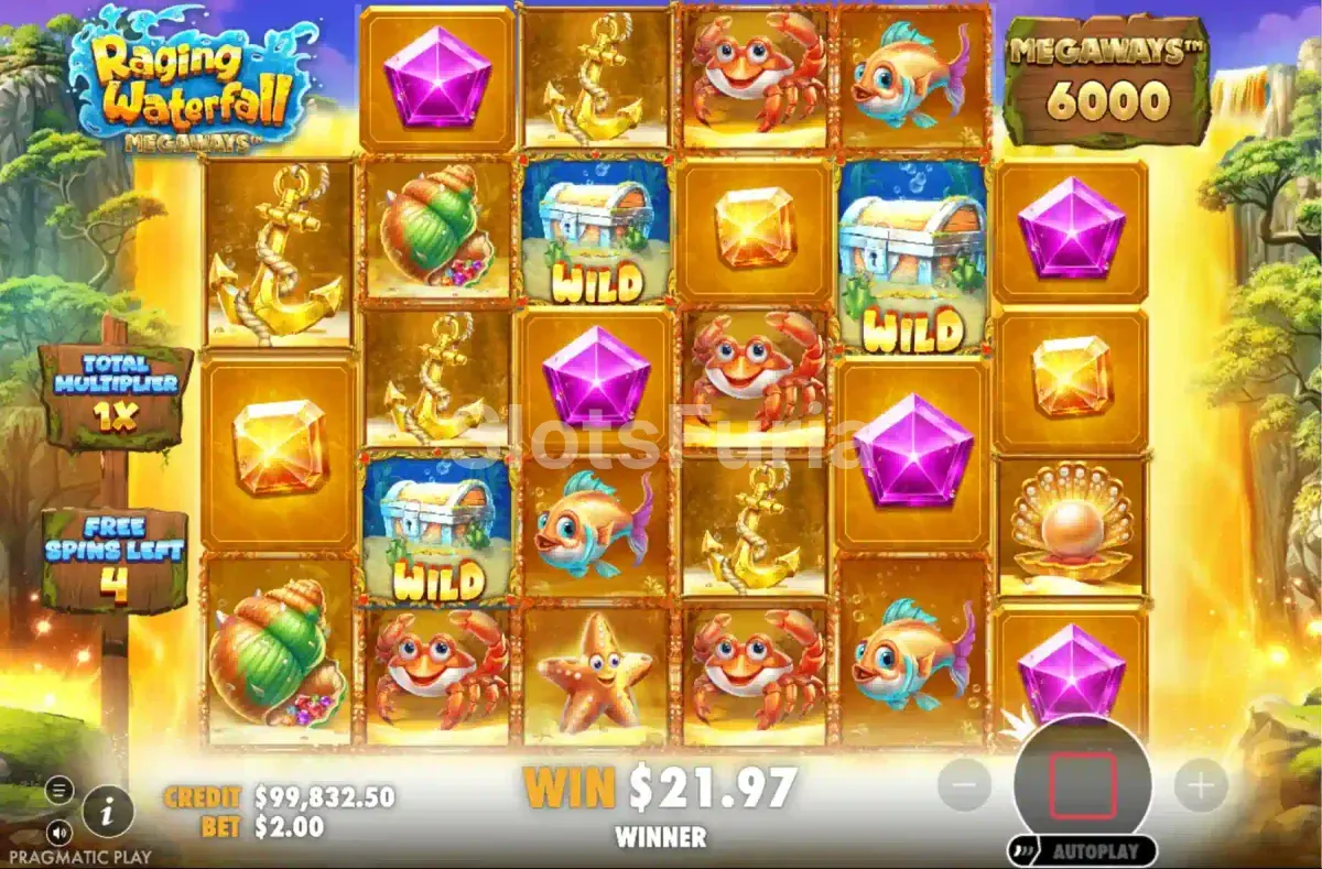 Ronda de giros gratuitos de Raging Waterfall Megaways con multiplicadores activos