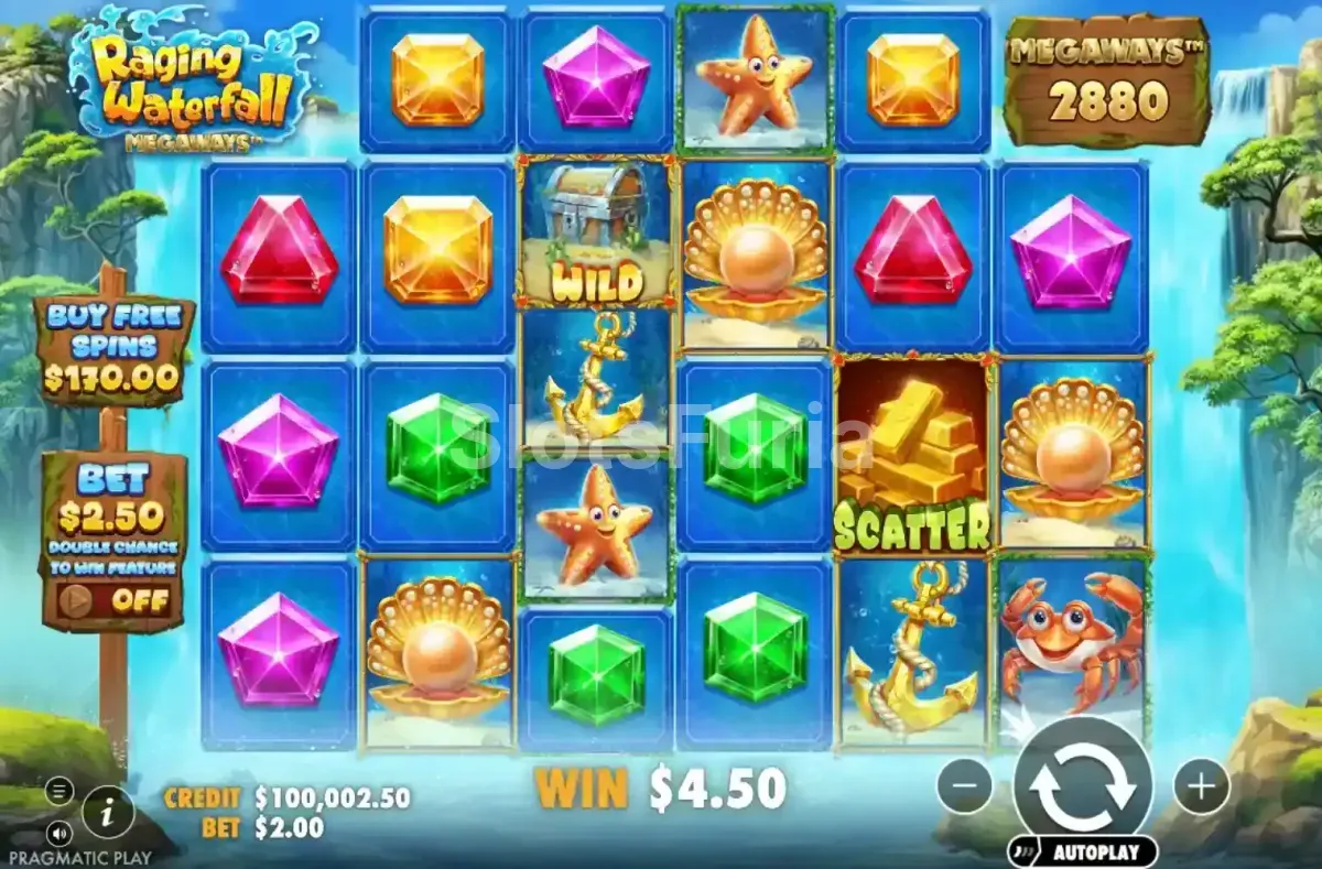 Pantalla principal del juego base de Raging Waterfall Megaways con los rodillos activos