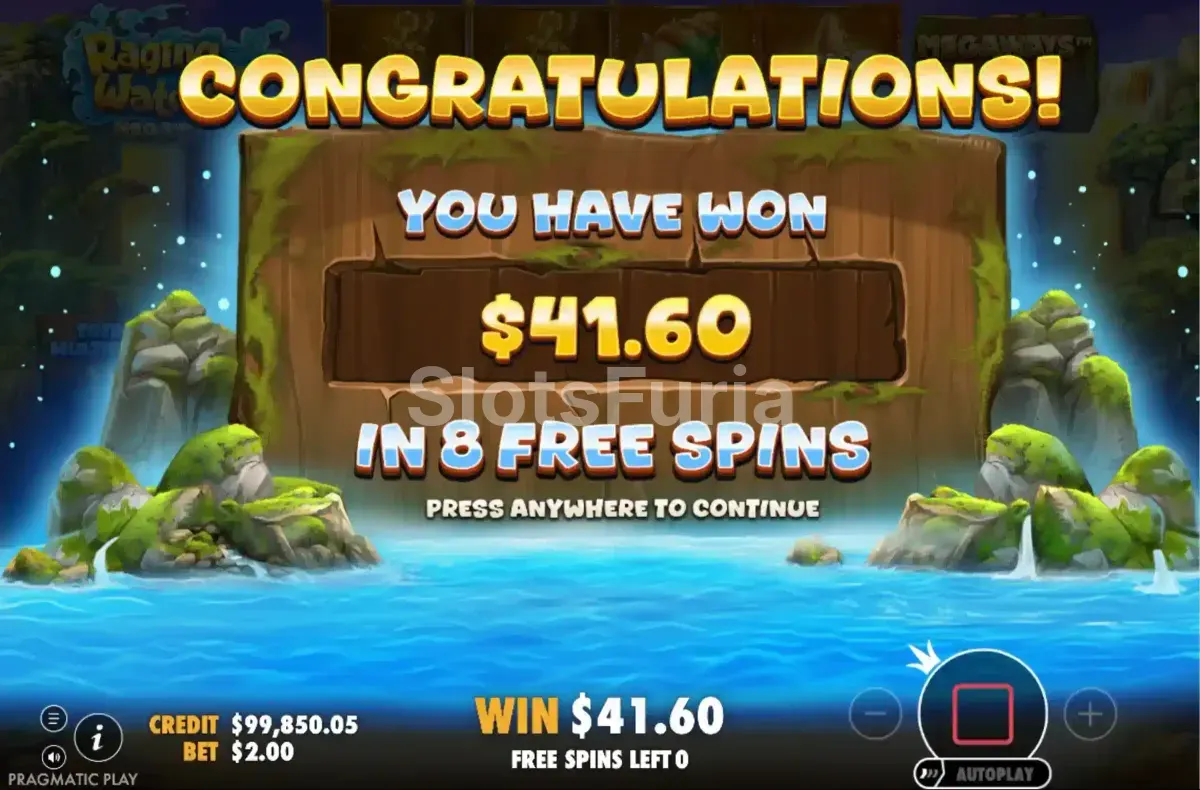 Gran victoria en Raging Waterfall Megaways mostrando el multiplicador máximo en acción