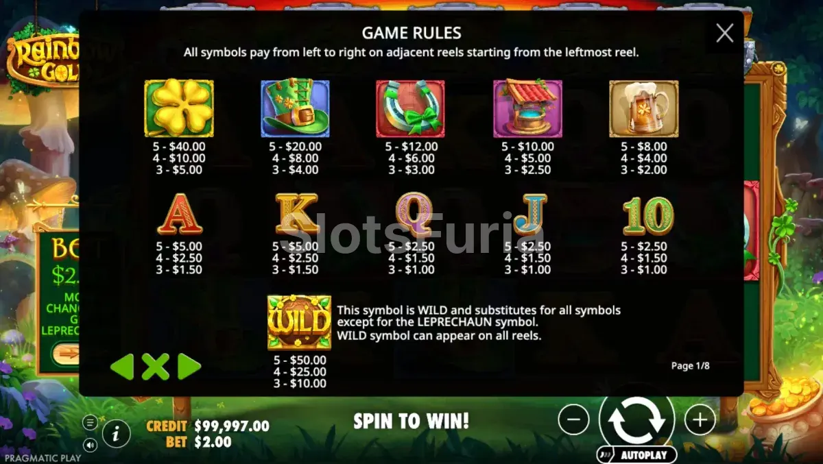 Tabla de pagos de Rainbow Gold con todos los símbolos