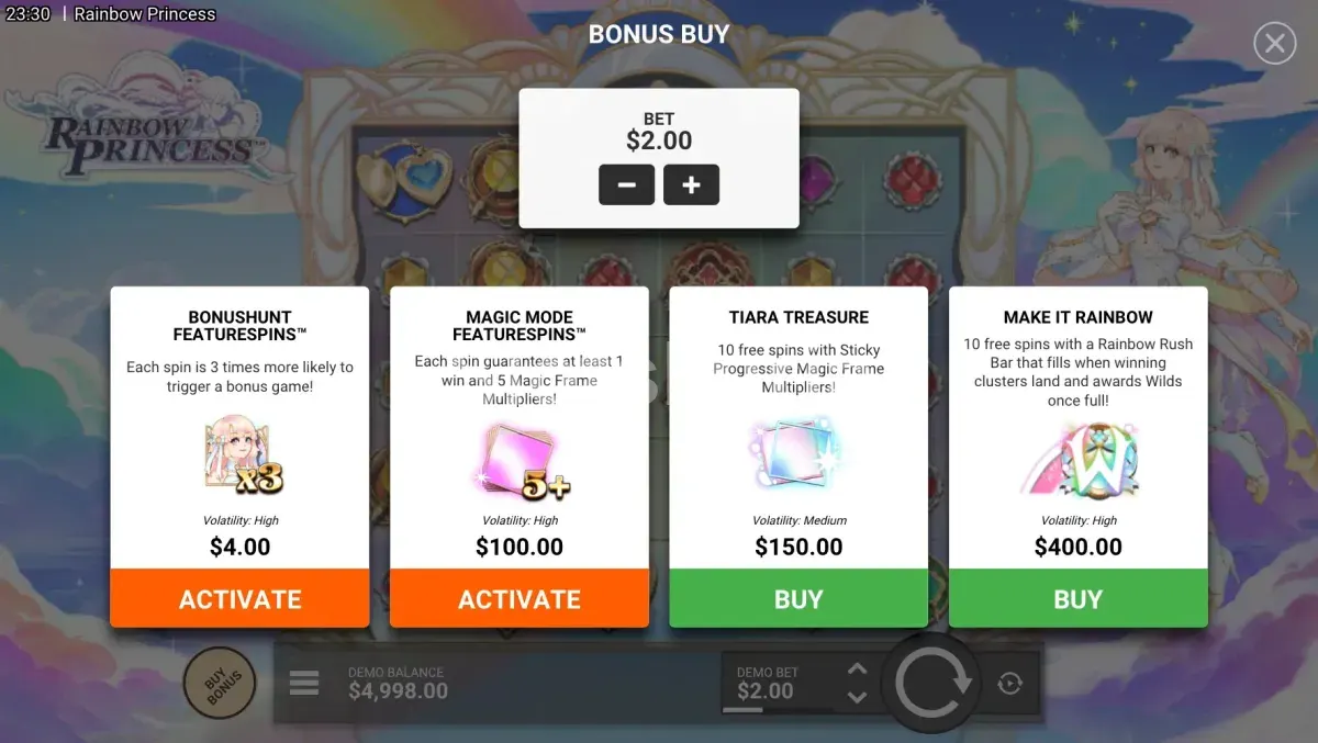 Menú de compra de bonus de Rainbow Princess con todas las opciones disponibles