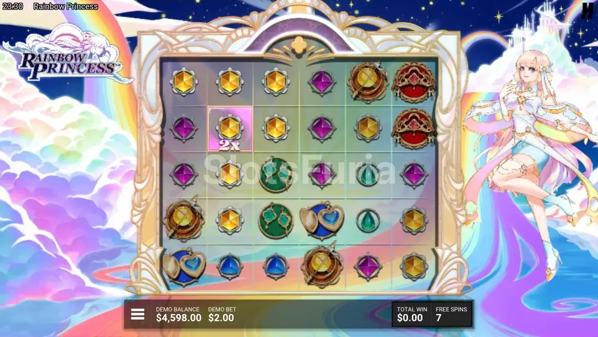 Pantalla de giros gratis de Rainbow Princess con multiplicadores activos