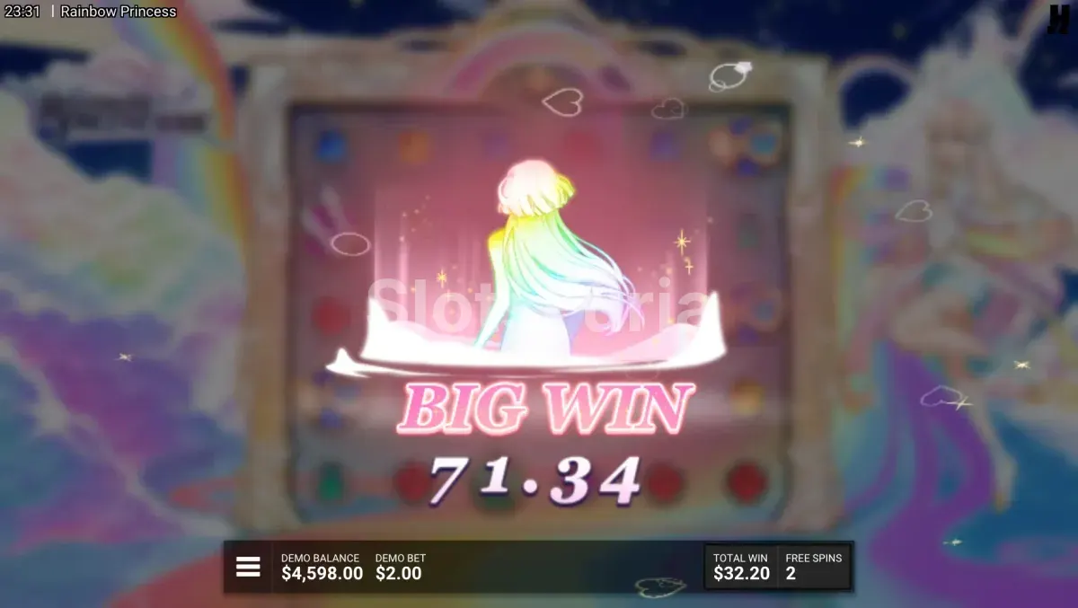 Gran victoria en Rainbow Princess con multiplicadores encadenados en pantalla