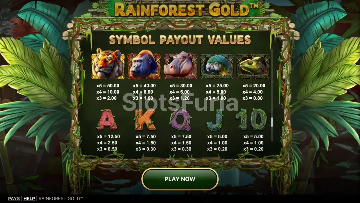 Tabla de pagos de Rainforest Gold con los símbolos animales