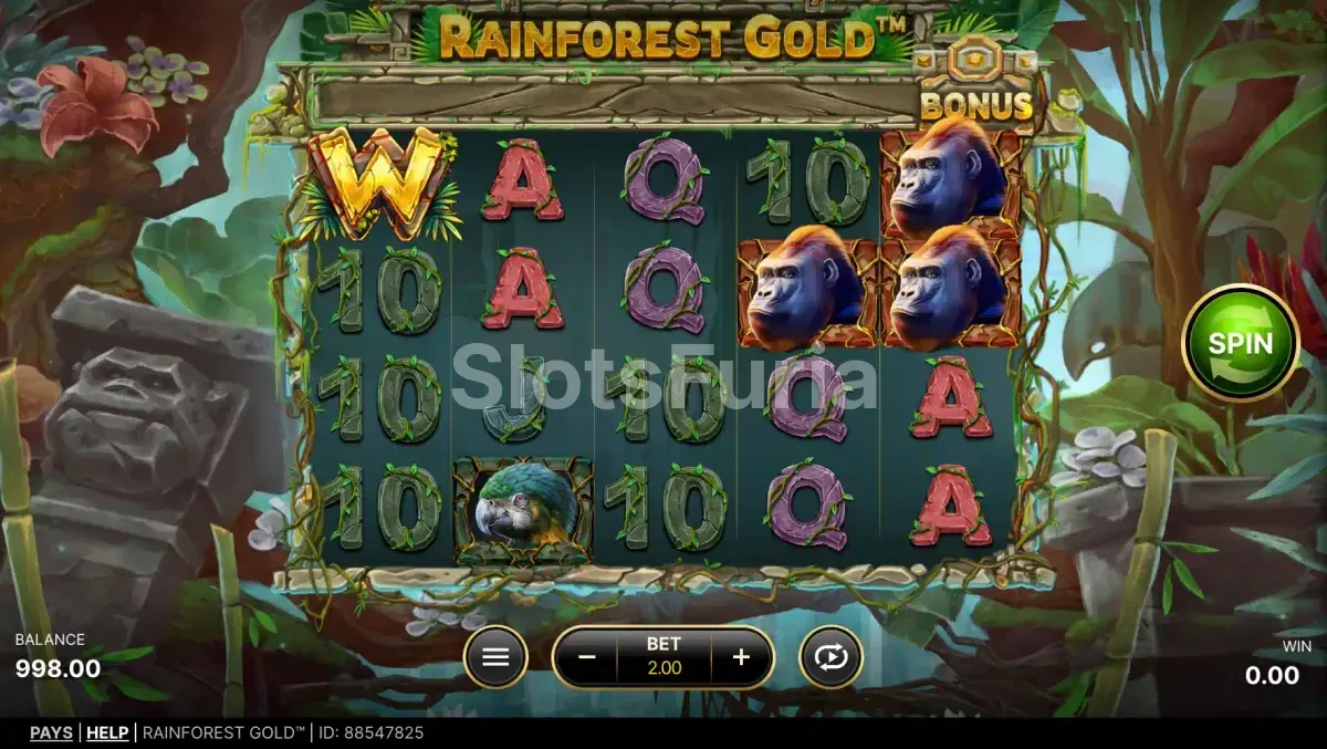 Segunda vista del juego base de Rainforest Gold con animales en los carretes