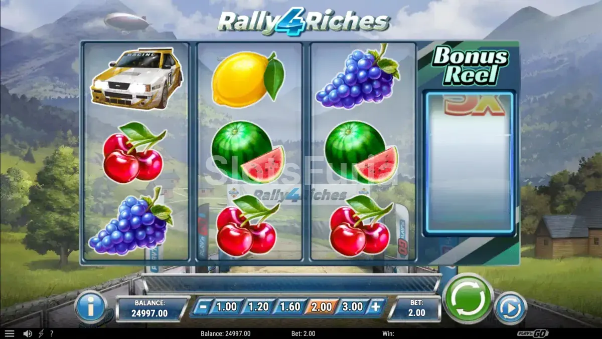 Pantalla principal de Rally 4 Riches con la cuadrícula de juego y el entorno alpino