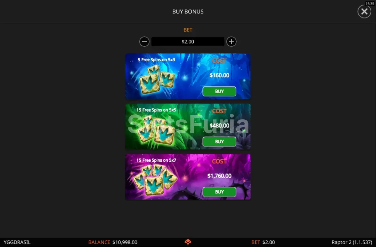Pantalla de compra de bono de Raptor 2 con tres opciones