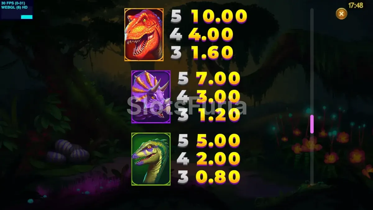Tabla de pagos de Raptor DoubleMax mostrando valores de símbolos