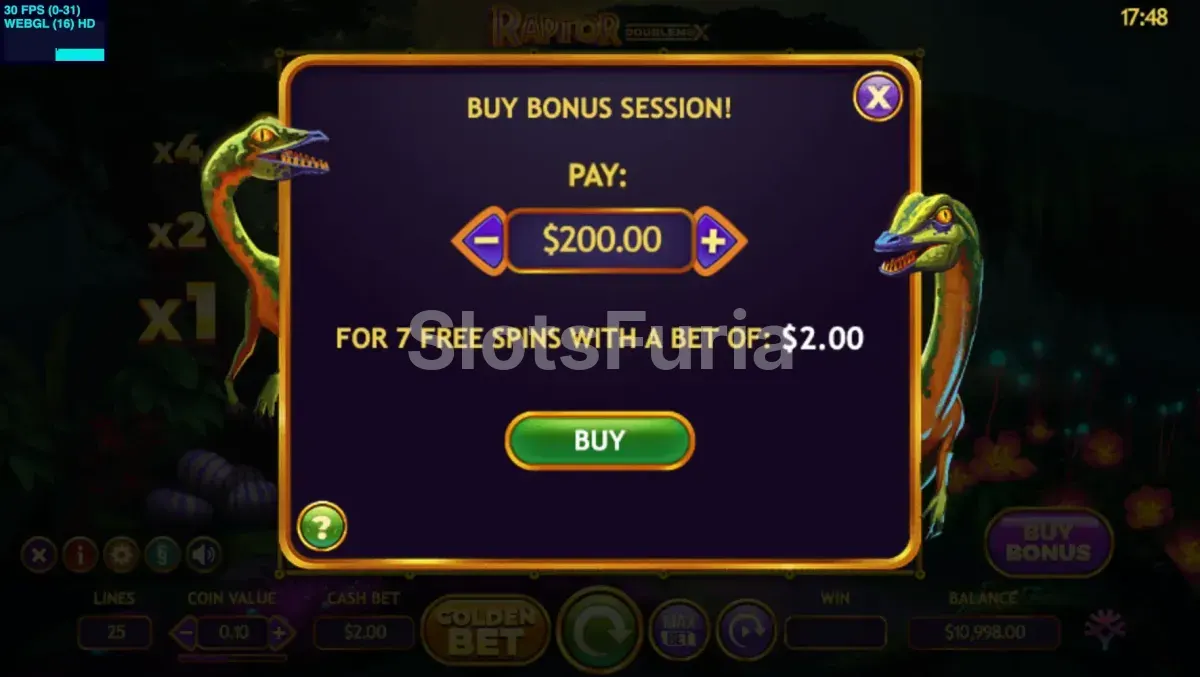 Pantalla de compra de bonus en Raptor DoubleMax