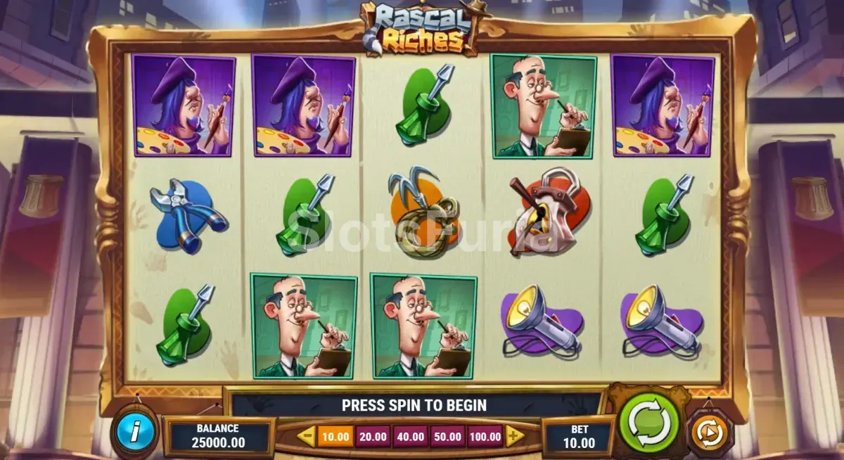 Pantalla principal de Rascal Riches con los tres mapaches en acción