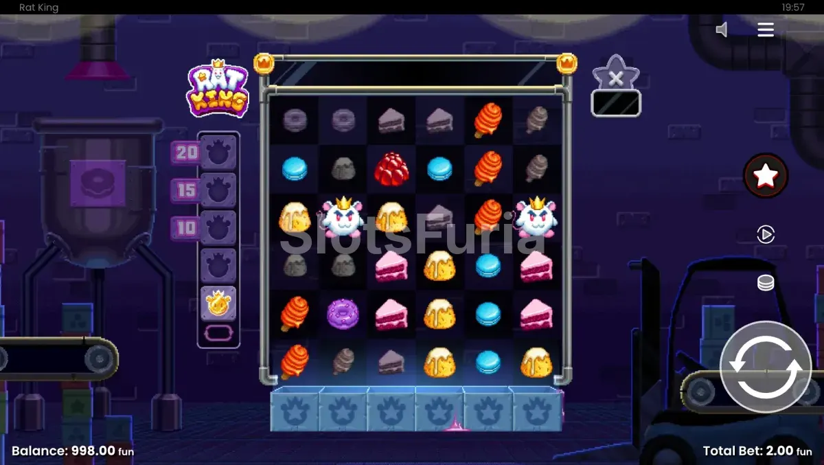 Juego base de Rat King con la cuadrícula 6x6 llena de símbolos dulces