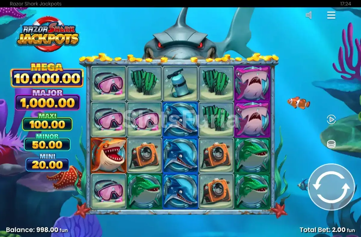 Pantalla principal de Razor Shark Jackpots con los cinco carretes en acción