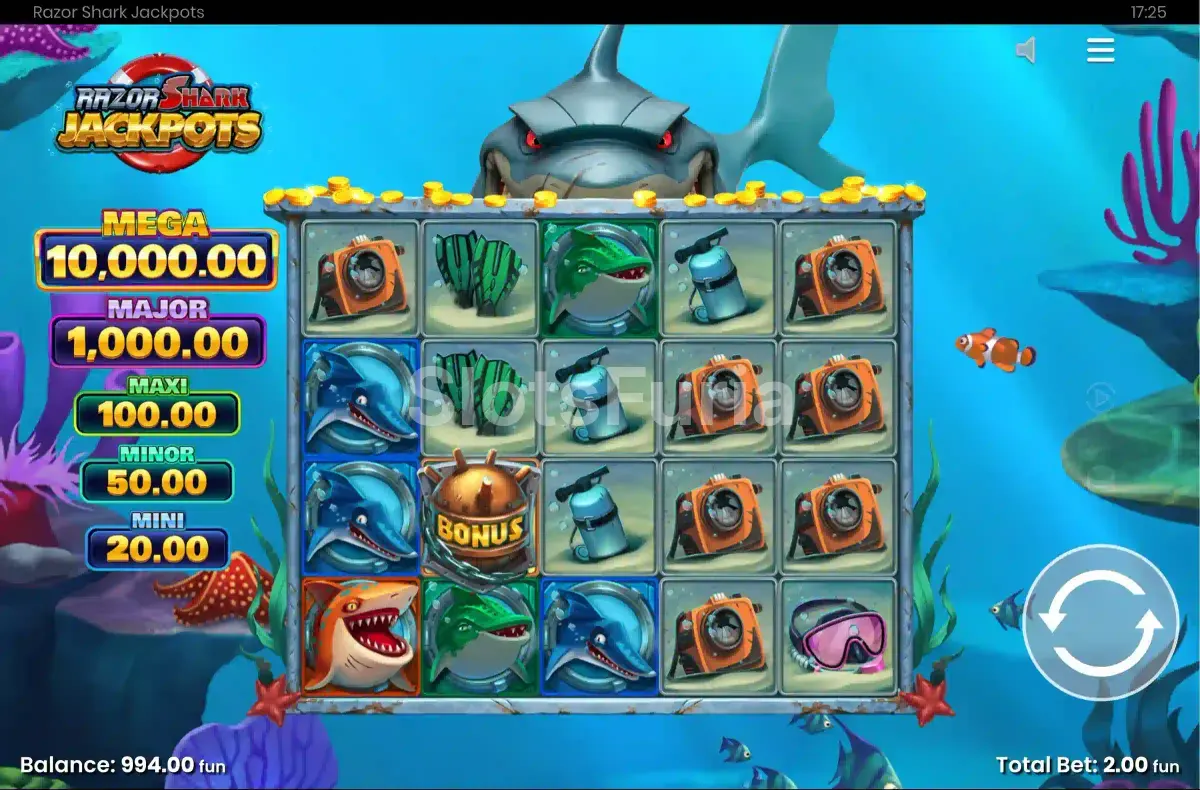 Segunda pantalla del juego base de Razor Shark Jackpots mostrando el sistema Nudge y Reveal