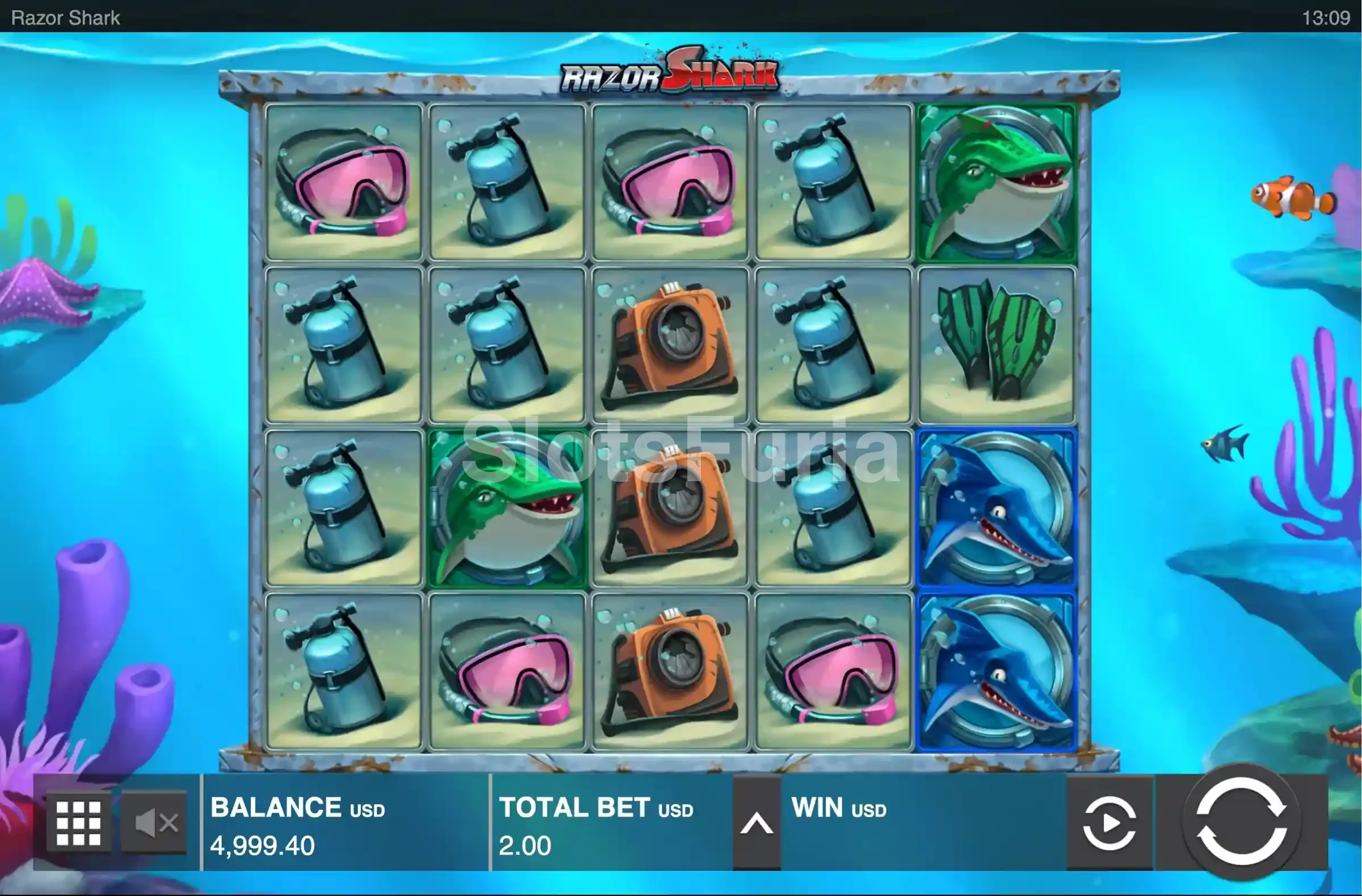 Segunda pantalla de juego base de Razor Shark mostrando Wild Stacks
