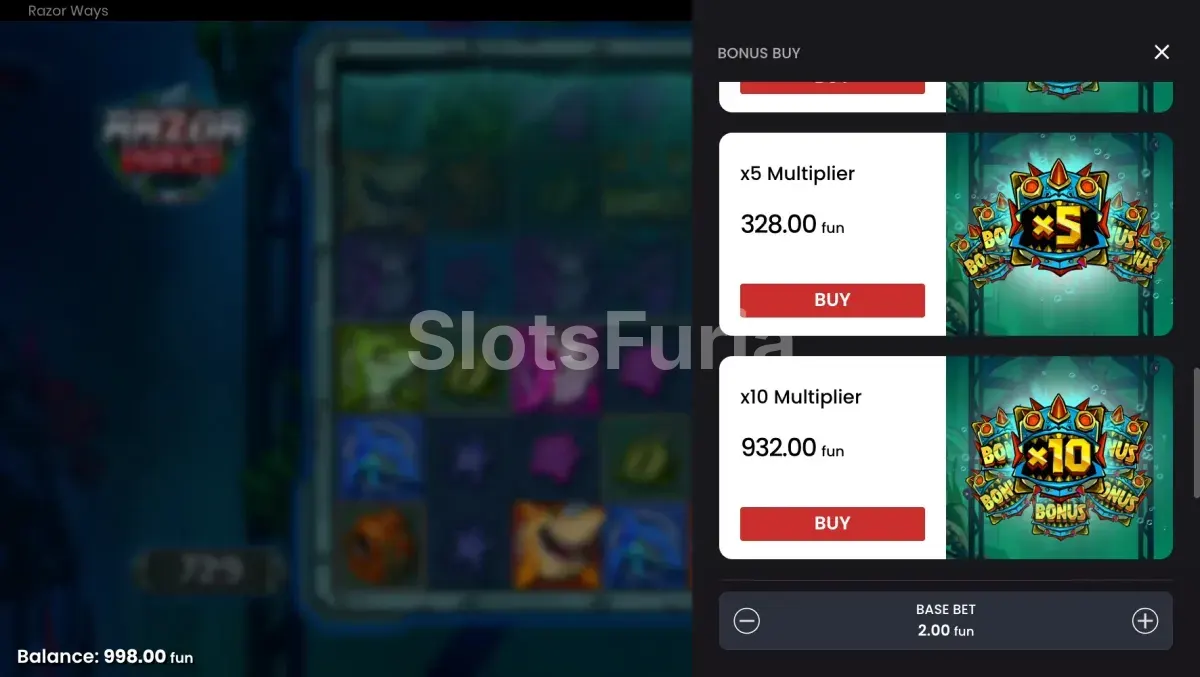 Menú de compra de bonos de Razor Ways con todas las opciones disponibles
