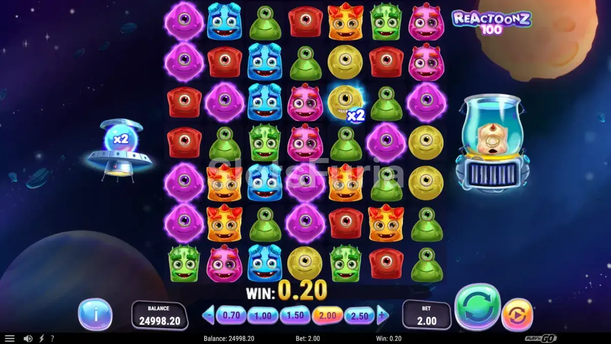 Pantalla principal de Reactoonz 100 con la cuadrícula de 7x7