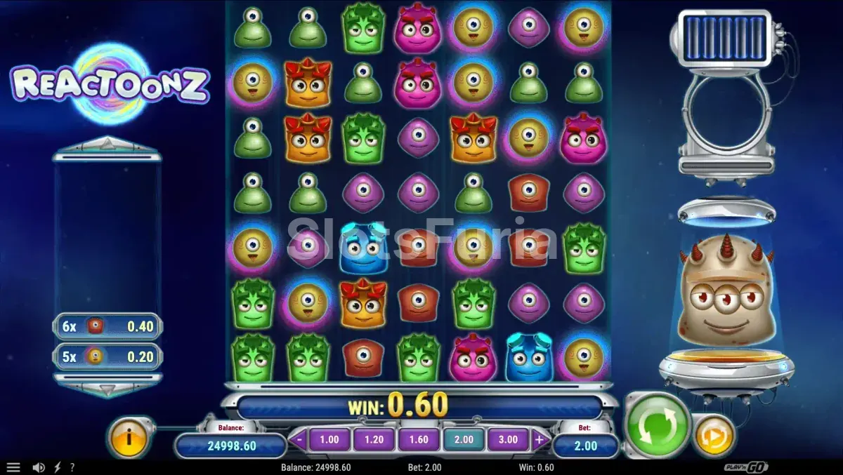 Cuadrícula de 7 por 7 de Reactoonz, tragamonedas espacial de Play'n GO