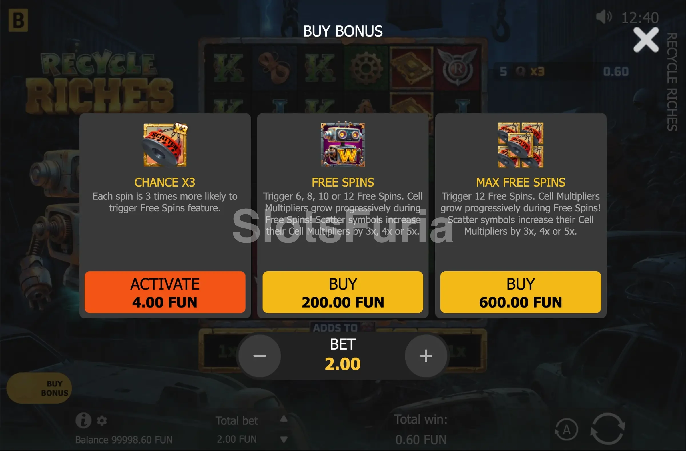 Menú de compra de bonos de Recycle Riches, tragamonedas de dinero de BGaming