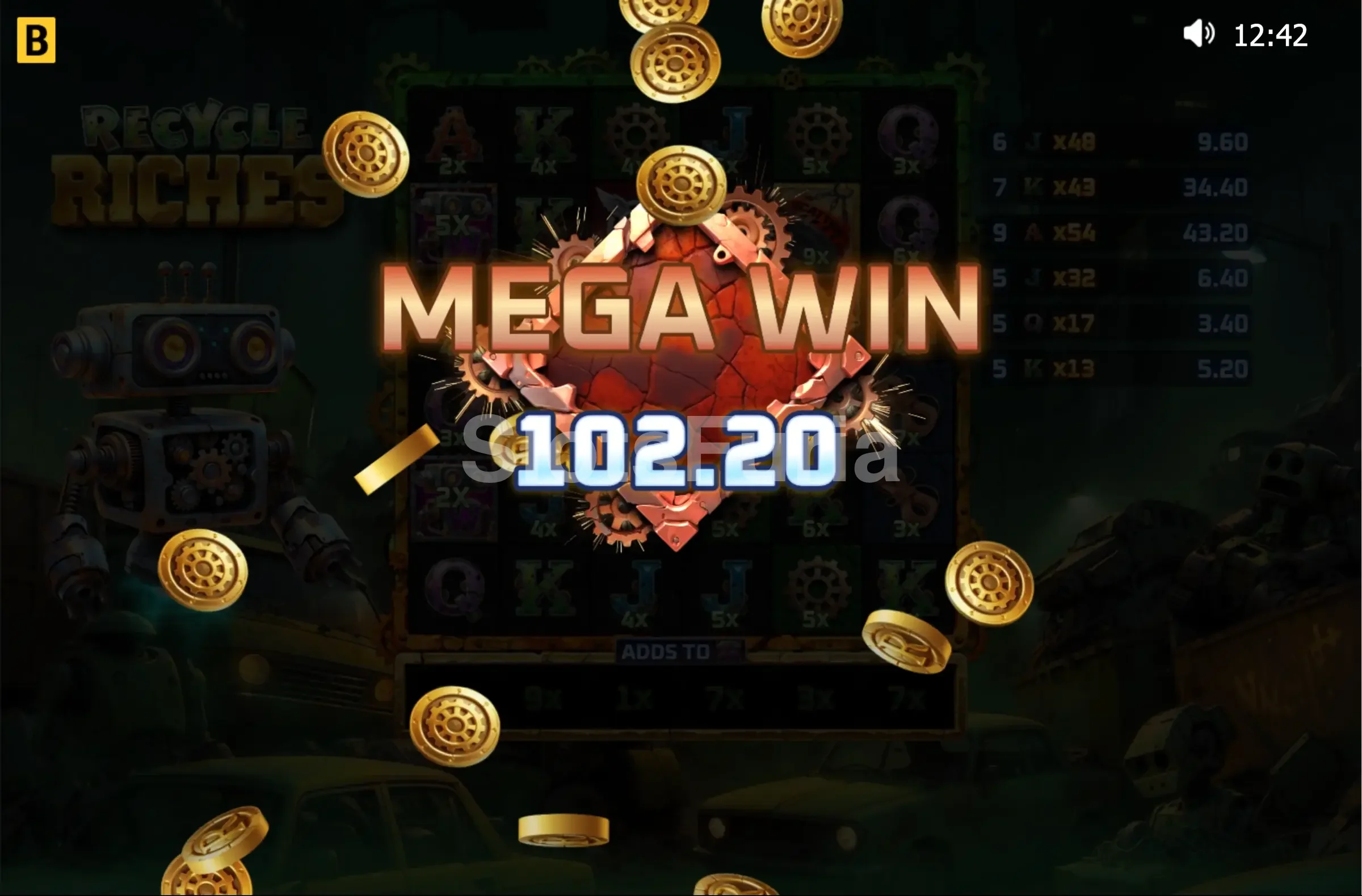 Gran victoria épica en Recycle Riches con multiplicador máximo activado