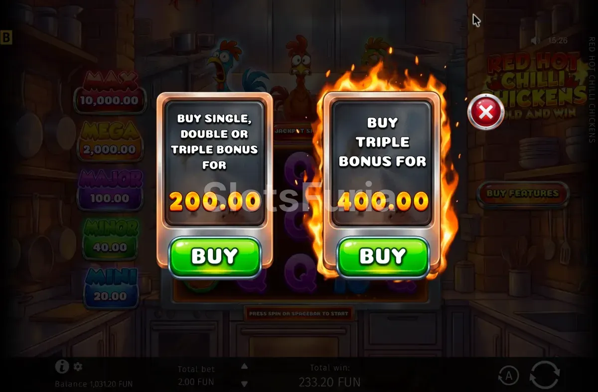 Pantalla de compra de bonus de Red Hot Chilli Chickens