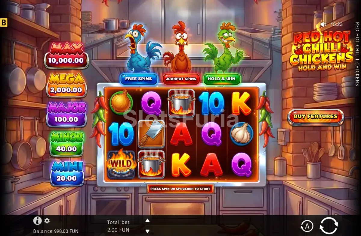 Juego base de Red Hot Chilli Chickens con la cuadrícula de 5x3 en la cocina