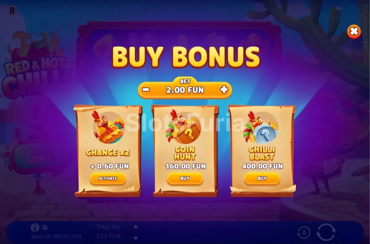 Panel de compra de bono de Red & Hot Chilli con el precio en múltiplos de apuesta