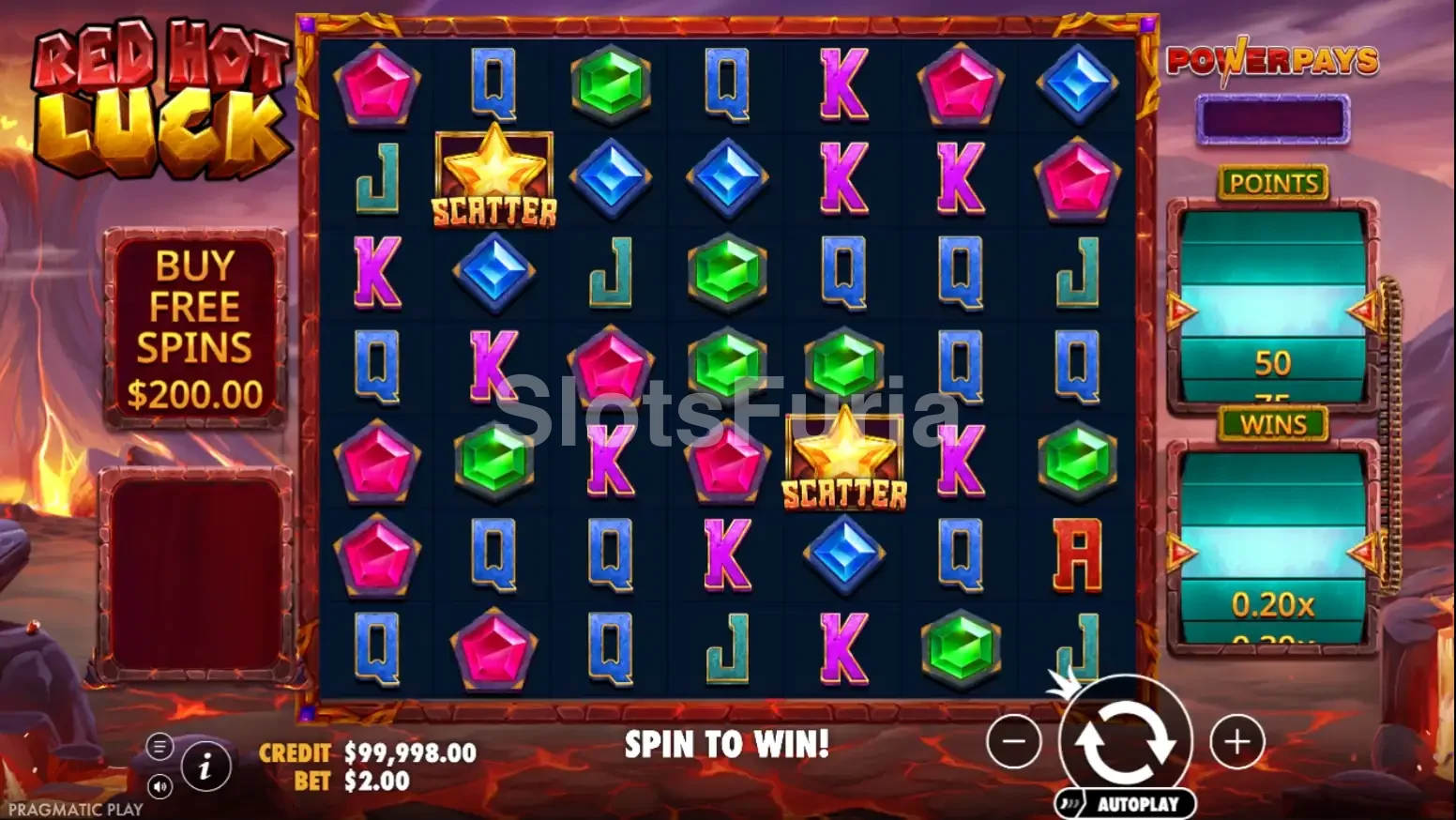 Pantalla principal del juego Red Hot Luck con tablero 7x7