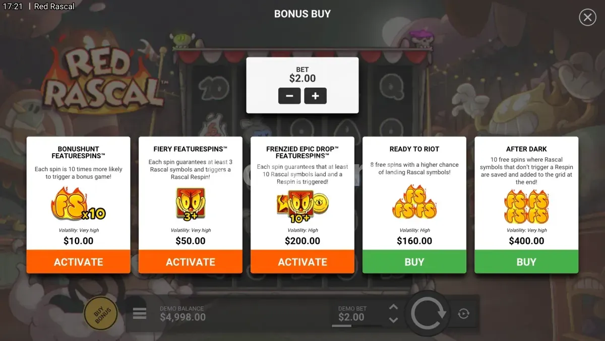 Menú de compra de bonos de Red Rascal Hacksaw Gaming