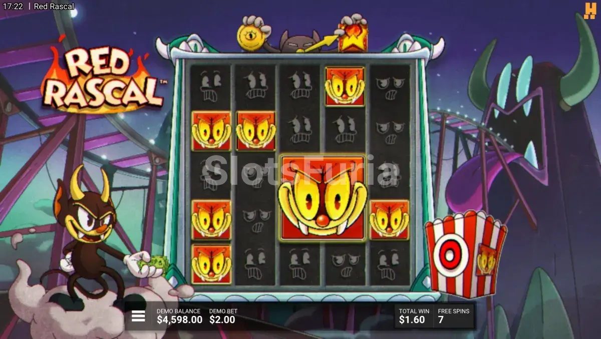 Pantalla de giros gratis del bonus de Red Rascal en acción