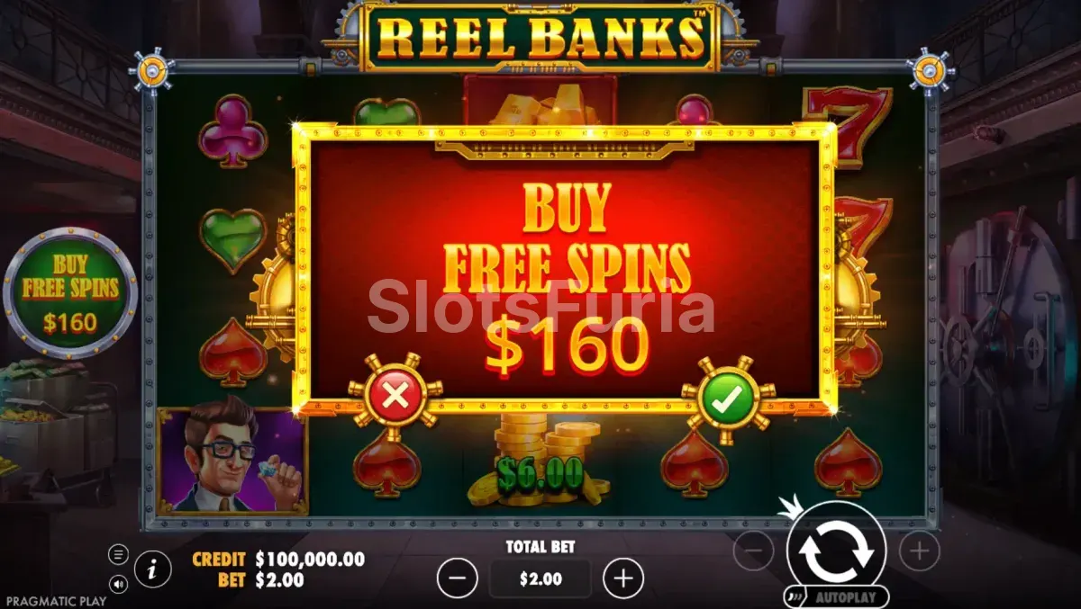 Pantalla de compra de bono disponible en Reel Banks de Pragmatic Play