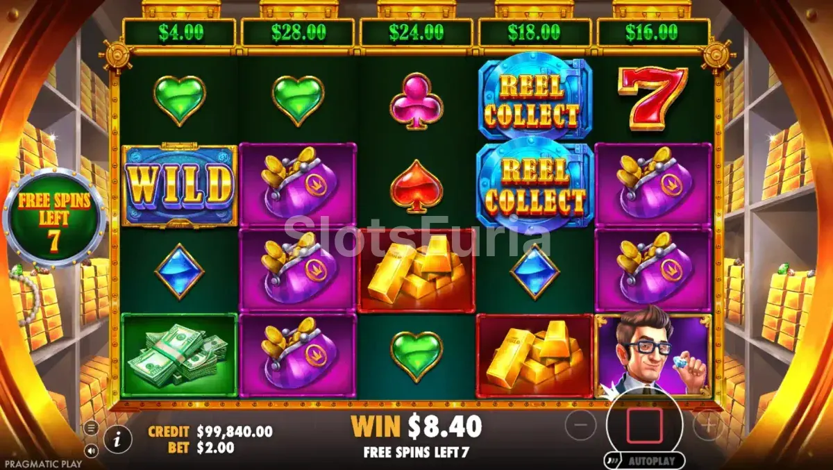 Función de tiradas gratis activa en Reel Banks con los reel banks acumulando valor