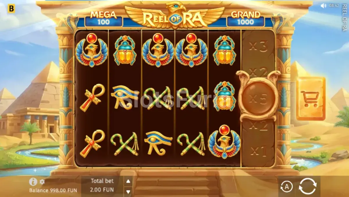 Juego base de Reel of Ra con sus 5 carretes y temática egipcia