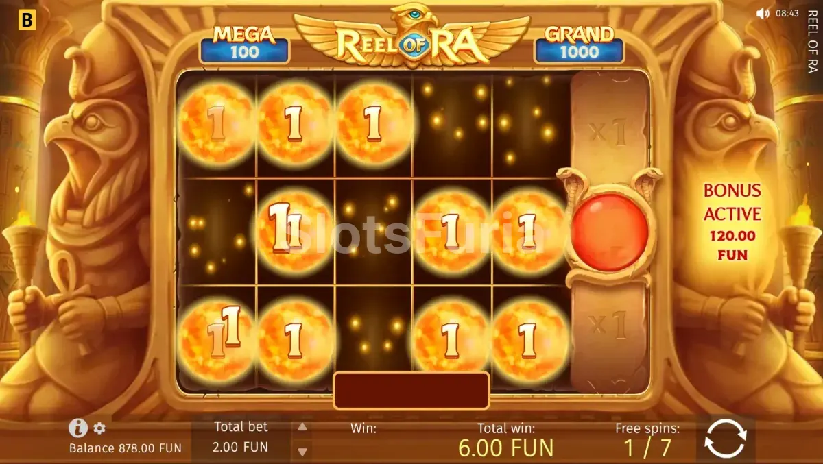 Giros gratis activados en Reel of Ra con el carrete multiplicador en acción