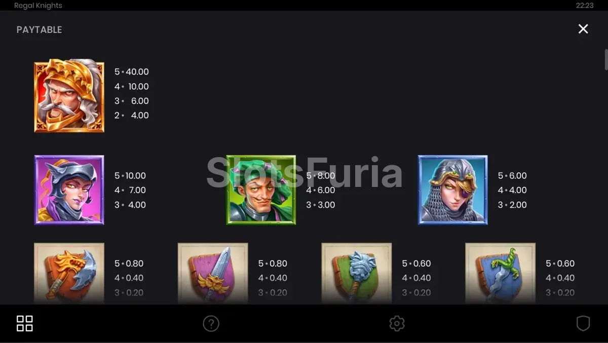 Tabla de pagos de Regal Knights con todos los símbolos medievales