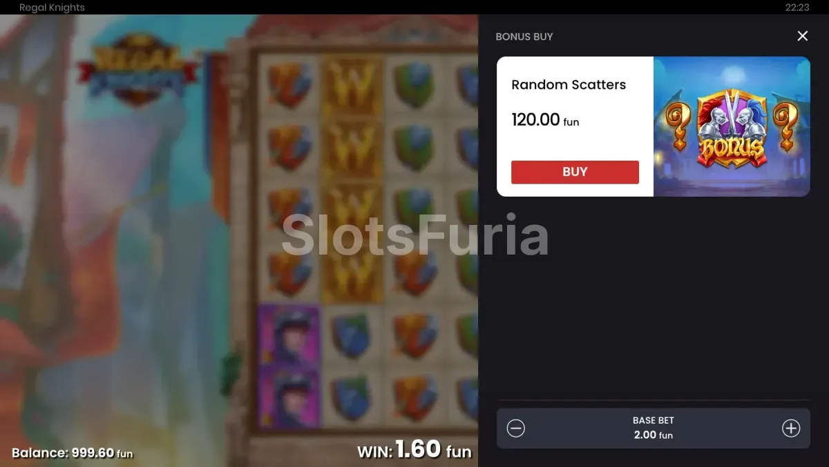 Pantalla de compra de bonus en Regal Knights de Push Gaming
