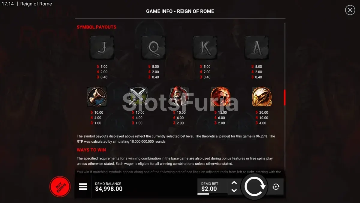 Tabla de pagos completa de Reign of Rome con todos los símbolos