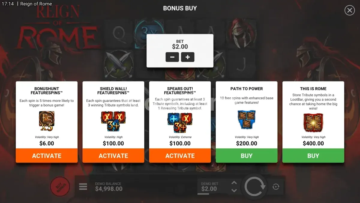 Menú de compra de bonus en Reign of Rome con diferentes opciones disponibles