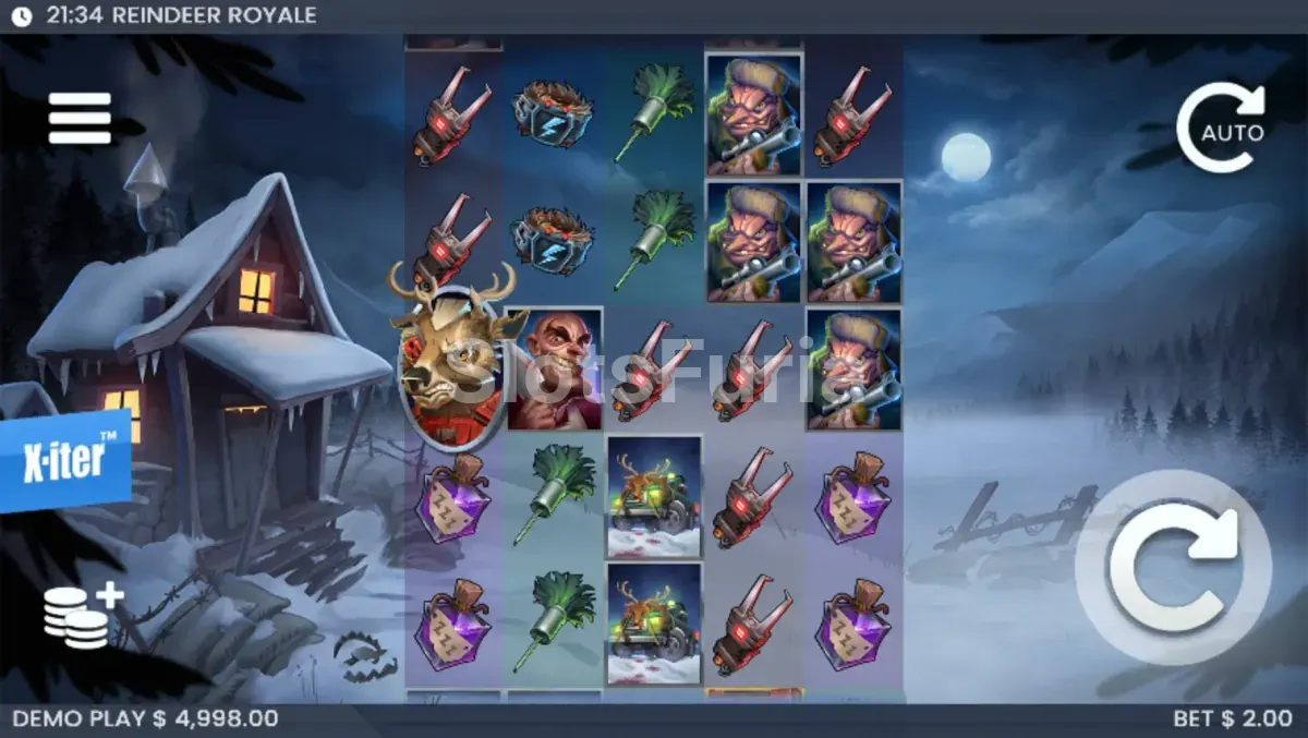 Pantalla principal de Reindeer Royale con la cabaña oscura de fondo